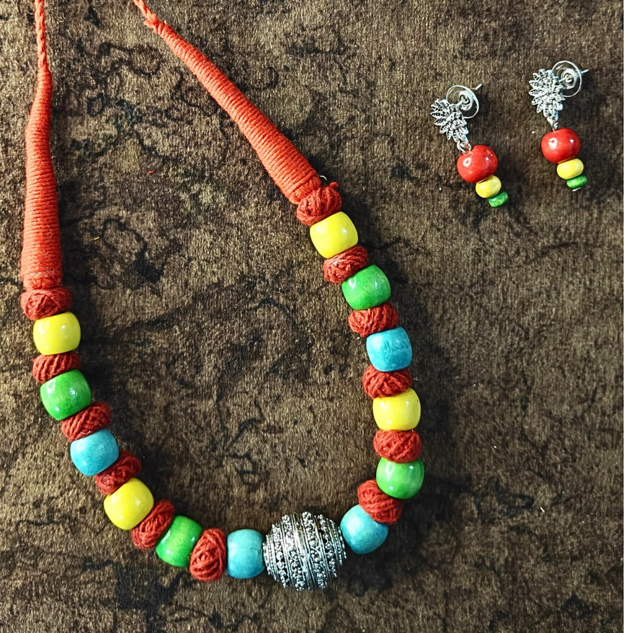 Cotton Thread Beads & Multicolour Wooden Beads With Oxidized Beads Necklace