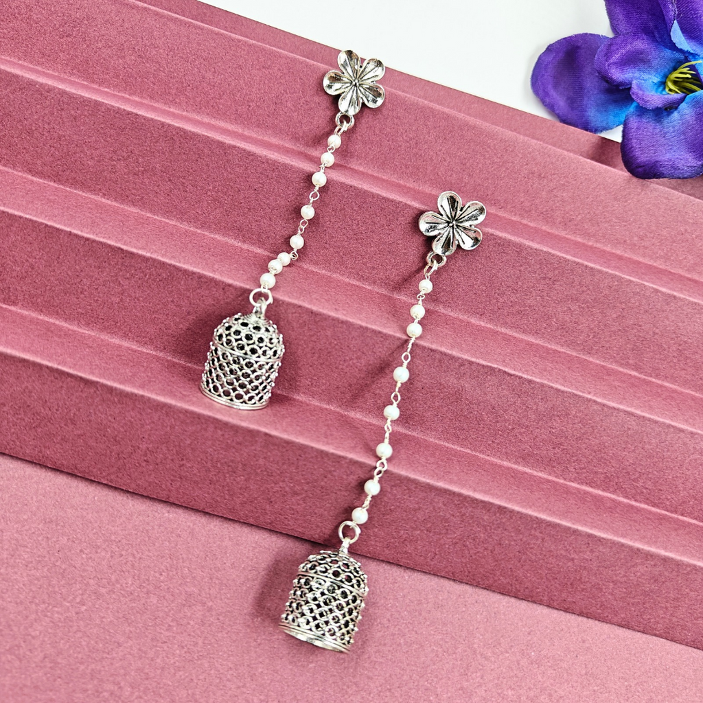 Stylish Long Beads Chain With Traditional Silver Oxidised Jhumka
