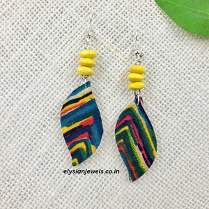 Yellow Wooden Beads With Peacock Print Wave Shape Fabric Earring