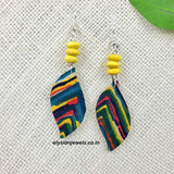 Yellow Wooden Beads With Peacock Print Wave Shape Fabric Earring