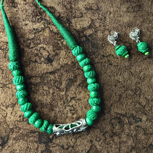 Cotton & Wooden Beads With Finger Shape Round Pendant Oxidized Necklace