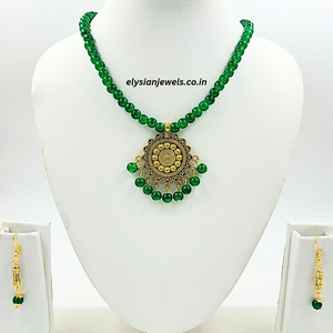 Green Beads With Antique Pendant Necklace