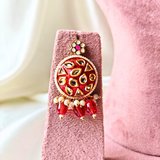 Red Meenakari Tumble Beads With Round Red Meenakari Kundan And Square Green, Red Meenakari Kundan Necklace