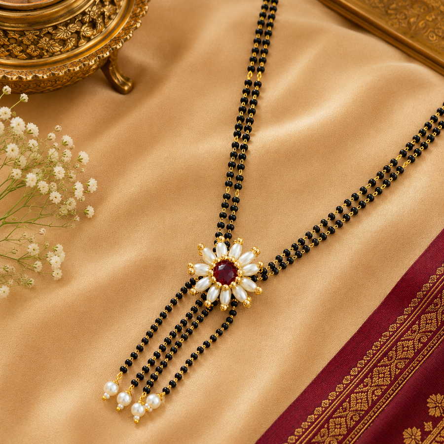 Pearl Rice Beads, Maroon Crystal Beads With Golden Beads Mangalsutra
