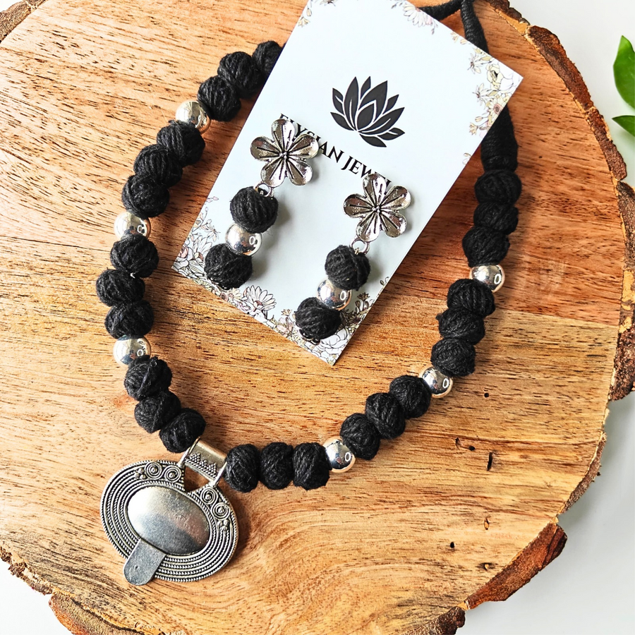 Black Cotton Beads With Large Tribal Silver Pendant, Oxidized Necklace