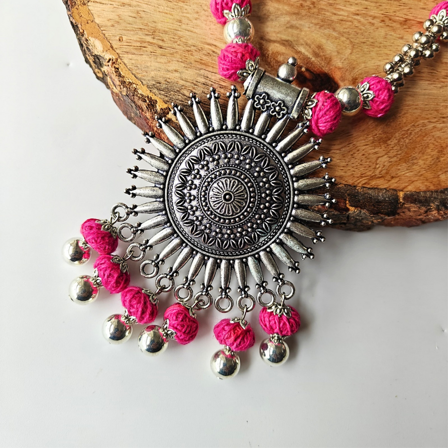 Rani Pink Cotton Beads With Oxidized Pendant Necklace