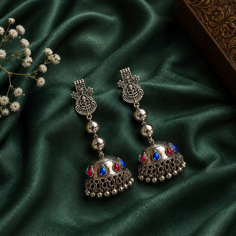 Oxidized Lakshmi Studs, Silver Beads With Multicolour Stone Oxidized Jhumka Earrings