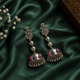 Oxidized Lakshmi Studs, Silver Beads With Multicolour Stone Oxidized Jhumka Earrings