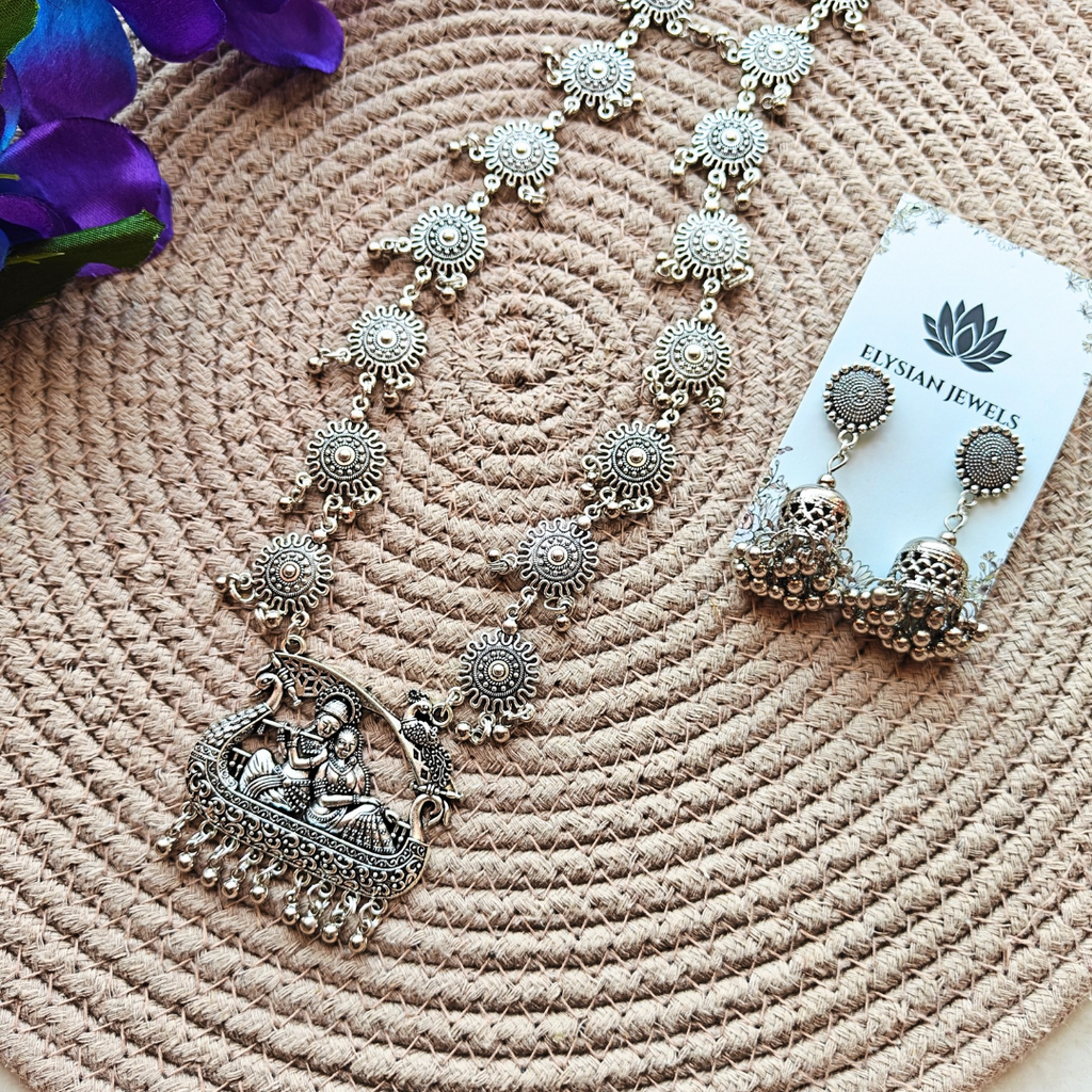 Radhakrishna Pendent With Flower Charms Oxidized Necklace