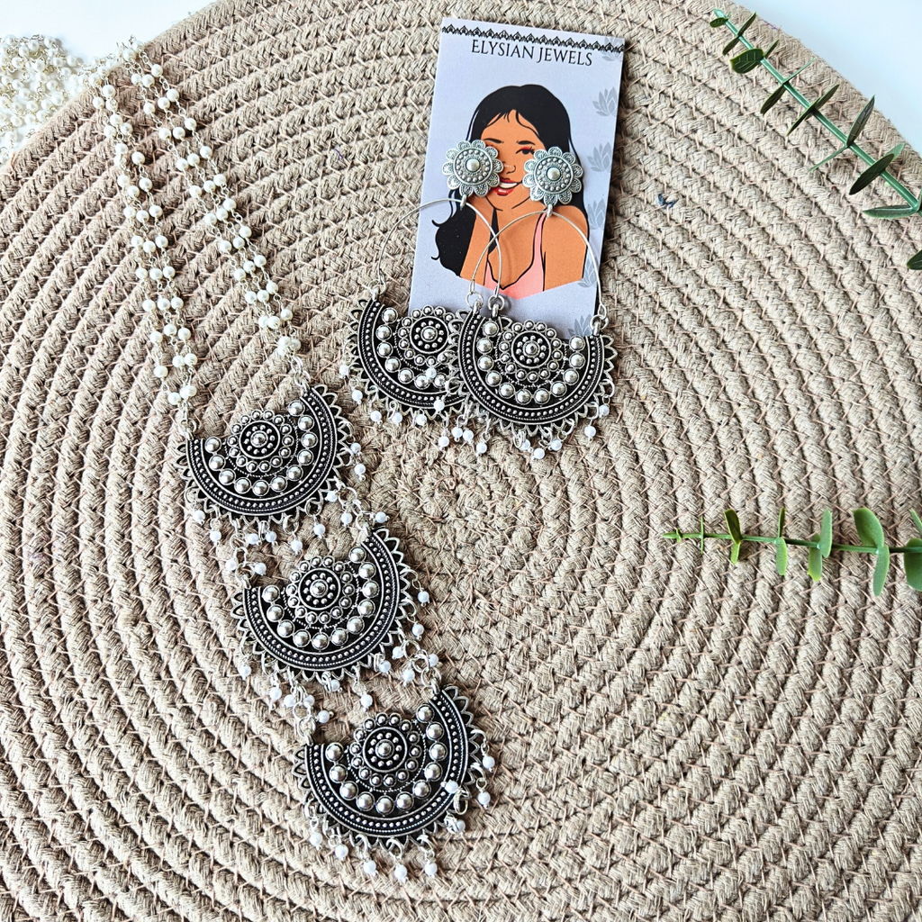 3 layer Ganthan Mala With 3 Oxidized Pendant Necklace