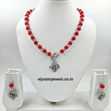 Beads & Silver Beads With Rose Charm Oxidized Necklace