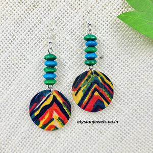 Green And Blue Wooden Beads With Peacock Print Round Shape Fabric Earring