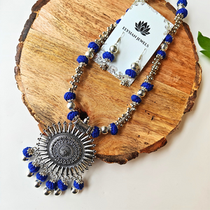 Blue Cotton Beads With Oxidized Pendant Necklace