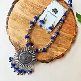 Blue Cotton Beads With Oxidized Pendant Necklace