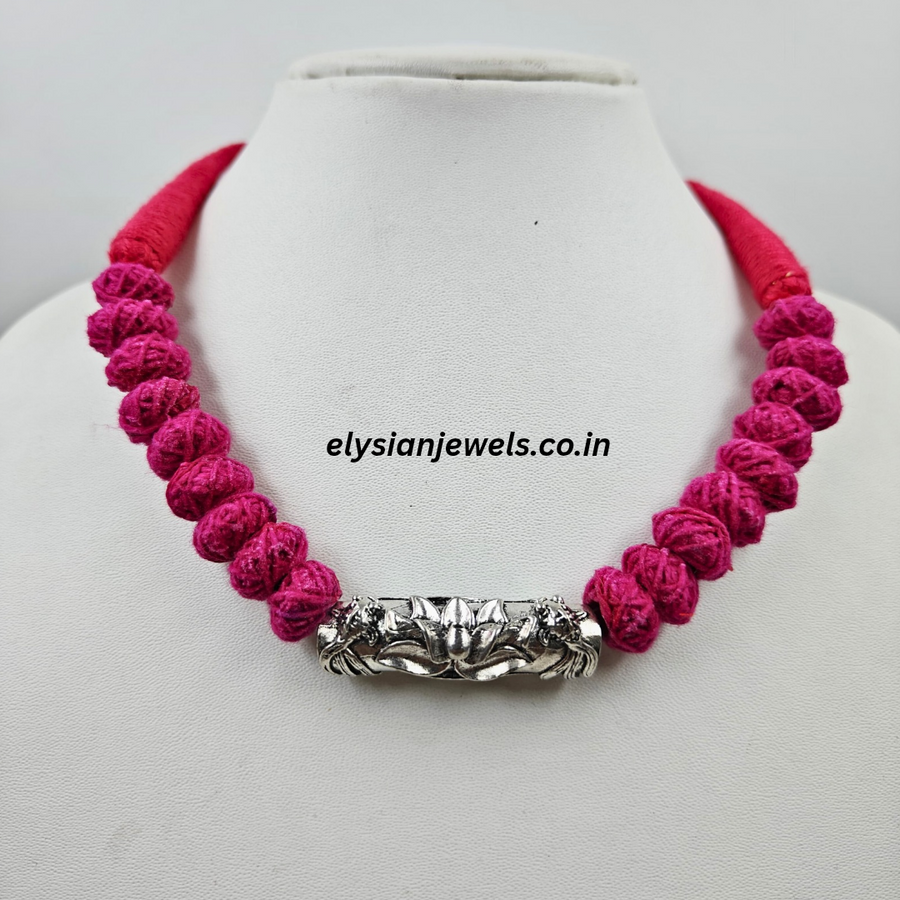 Rani Pink Cotton Beads With Lotus Design Round Pendant Oxidized Necklace