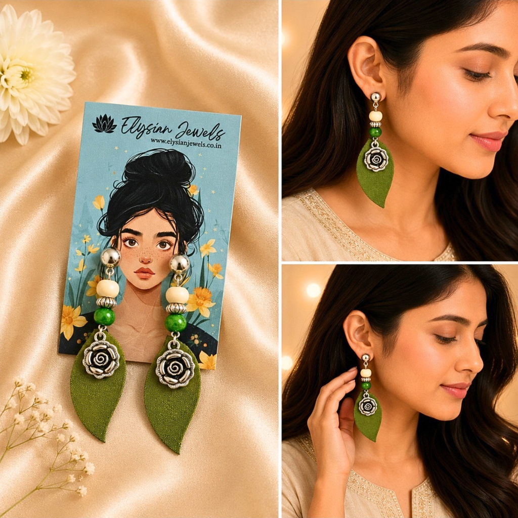Flower Charm, Wooden Beads With Green Fabric Earring