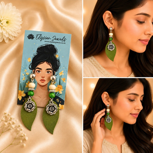Flower Charm, Wooden Beads With Green Fabric Earring