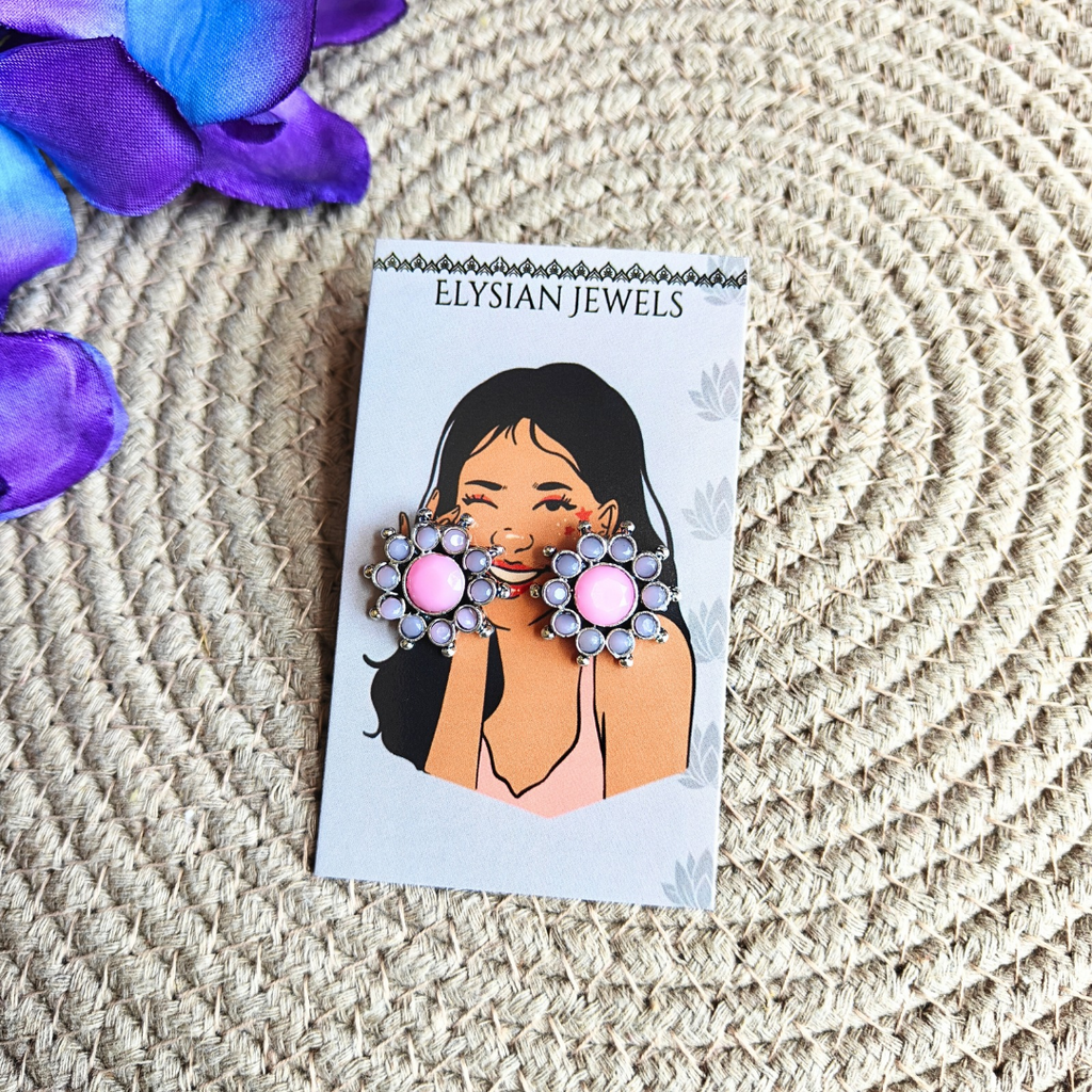 German Silver Flower Studs Oxidized Kundan Earrings