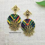 Antique Charm And Ganpati Design Studs With Peacock Print Fabric Earring