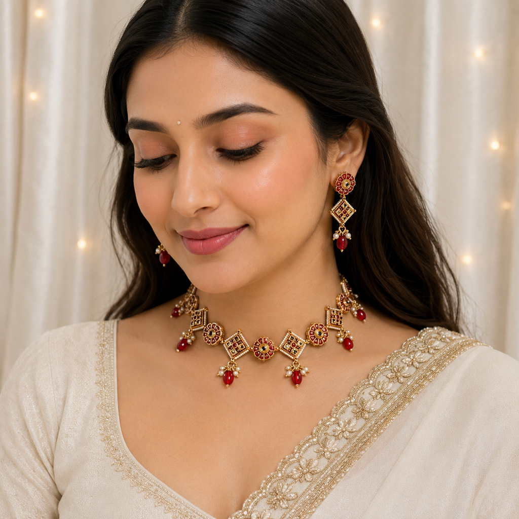 Red Beads With Red Square And Red Round Meenakari Kundan Necklace