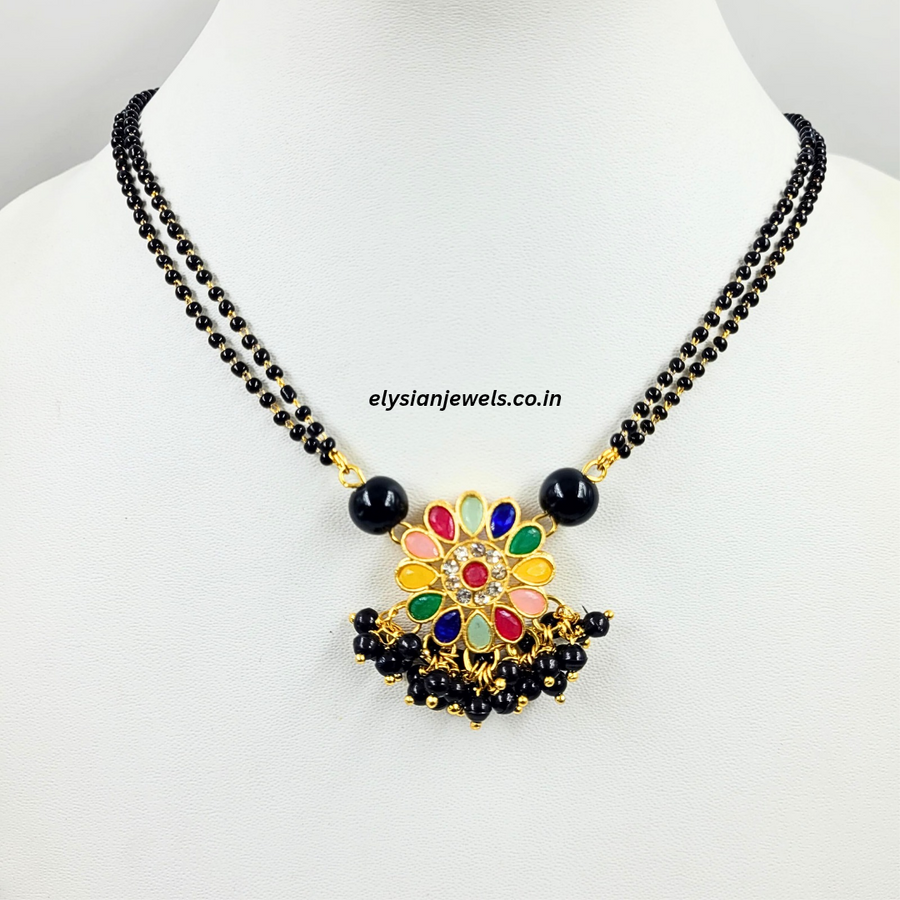 Black Bead, Black Lorials With Multicolour Meenakari Kundan Mangalsutra