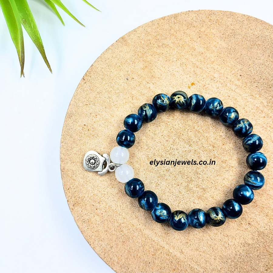 Telephone Charm, White Beads With Blue Marble Beads Bracelet