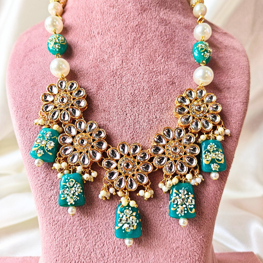Turquoise Blue Meenakari Tumble Beads With Flower Kundan Long Necklace