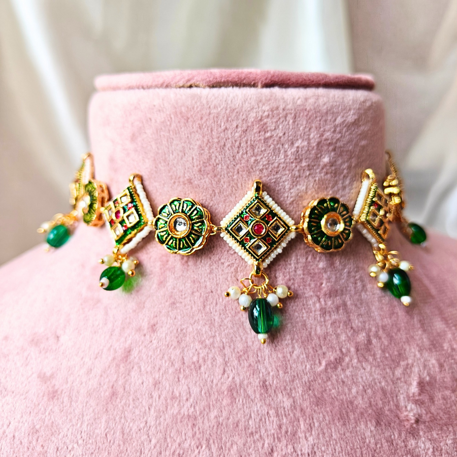 Green Beads With Green Square And Green Round Meenakari Kundan Necklace