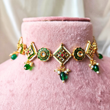 Green Beads With Green Square And Green Round Meenakari Kundan Necklace