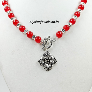 Red Beads & Silver Beads With Rose Charm Oxidized Necklace