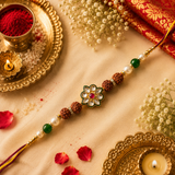 Yellow And Maroon Threads, Rudraksha, Pearl And Green Beads With Square Flower Kundan Rakhi
