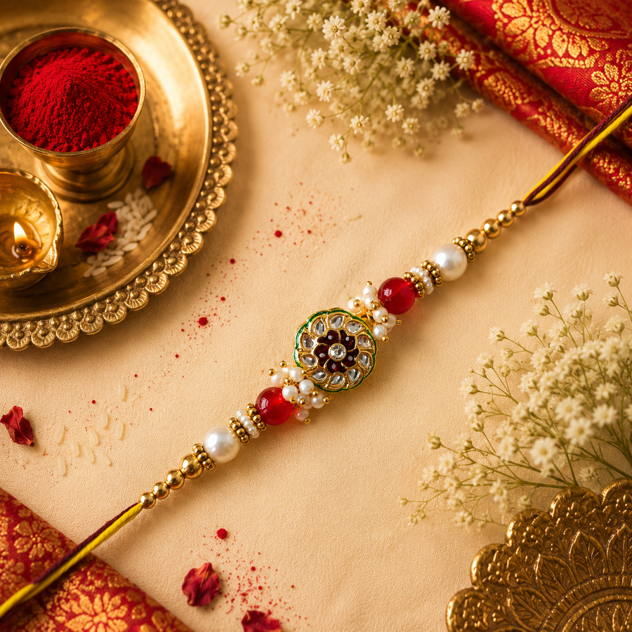 Yellow And Maroon Thread, Pearl And Red Beads With Round Maroon Kundan Rakhi