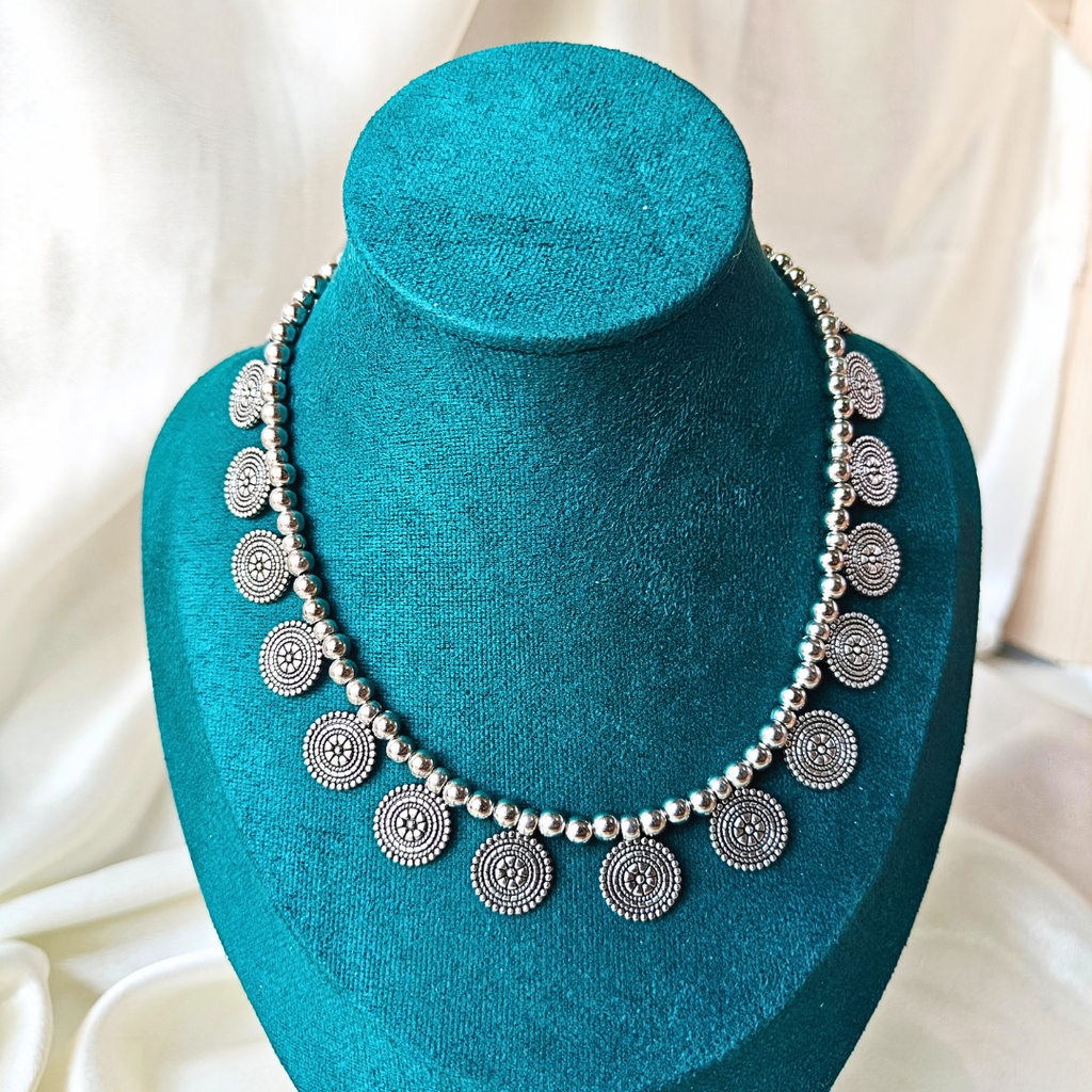 Silver Colour Beads With Silver Round Flower Charms Oxidized Necklace