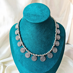 Silver Colour Beads With Silver Round Flower Charms Oxidized Necklace