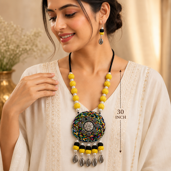 Multicolour Cotton Thread, Cotton Beads, Pearl And Silver Cowrie With Oxidized Rose Charms, Round Charm Oxidized Necklace