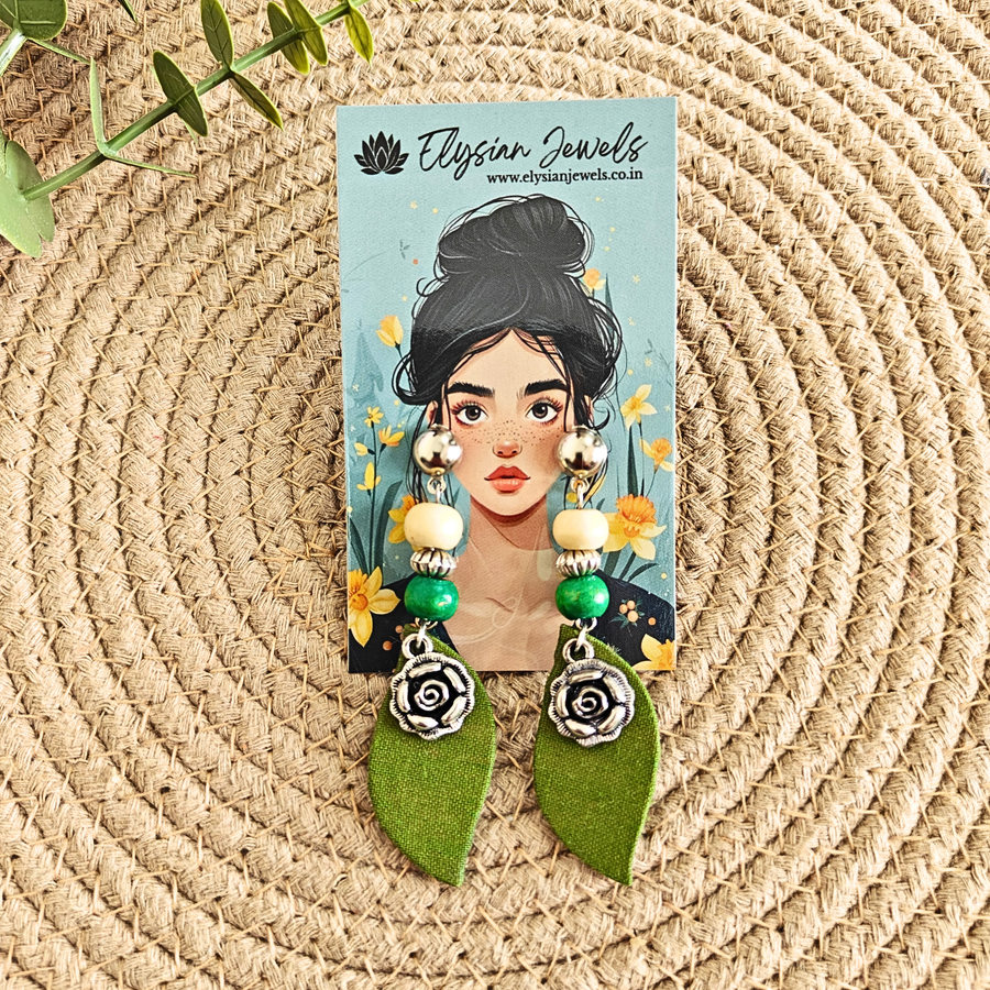 Flower Charm, Wooden Beads With Green Fabric Earring