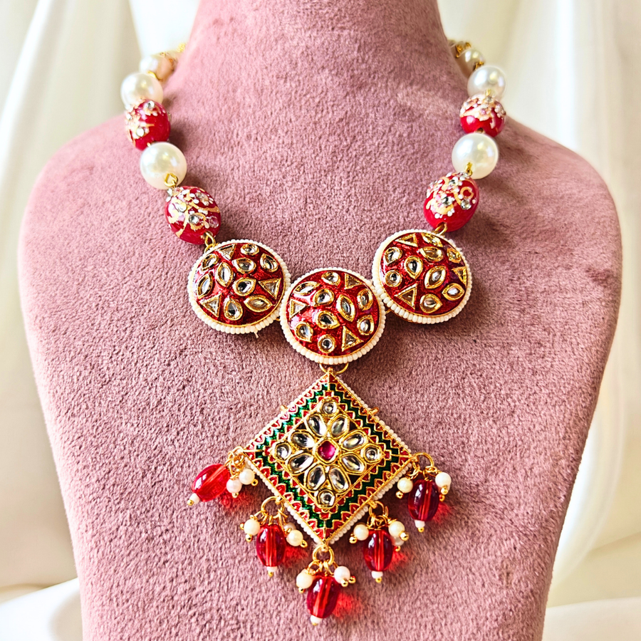 Red Meenakari Tumble Beads With Round Red Meenakari Kundan And Square Green, Red Meenakari Kundan Necklace