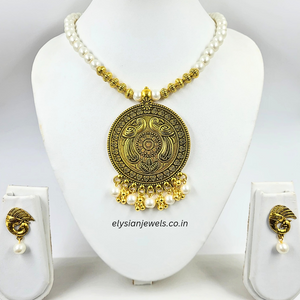 Pearl And Antique Beads With Antique Round Pendant Necklace