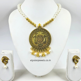Pearl And Antique Beads With Antique Round Pendant Necklace