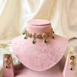 Green Beads With Green Square And Green Round Meenakari Kundan Necklace