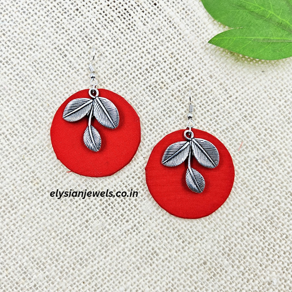 Leaf Shape Silver Charm With Fabric Earring