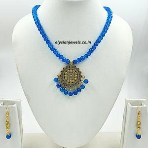Blue Beads With Antique Pendant Necklace
