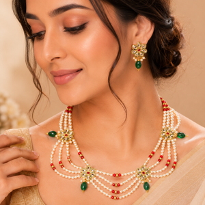 Pearls And Red Crystal With Green Flower Kundan Necklace