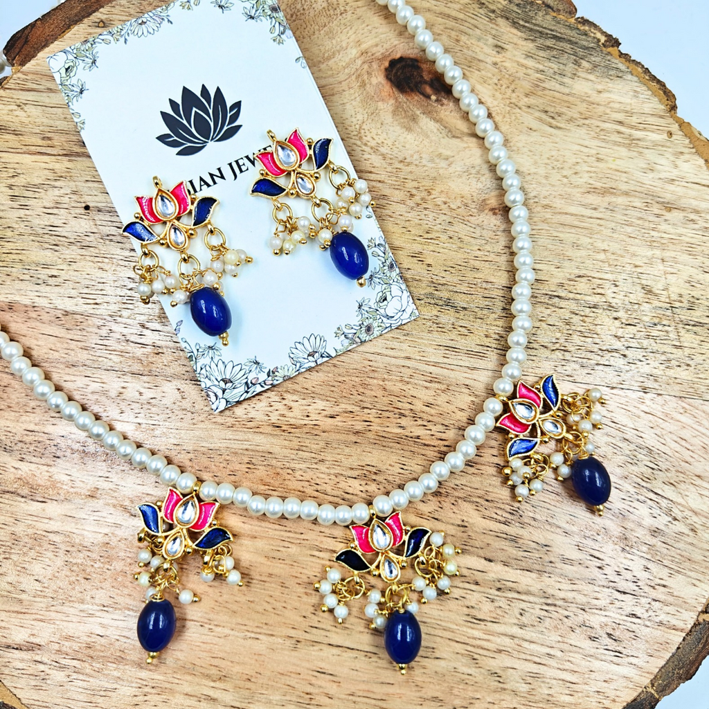 4mm Pearls With Blue Pink Lotus Kundan Necklace