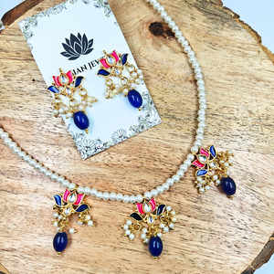 4mm Pearls With Blue Pink Lotus Kundan Necklace
