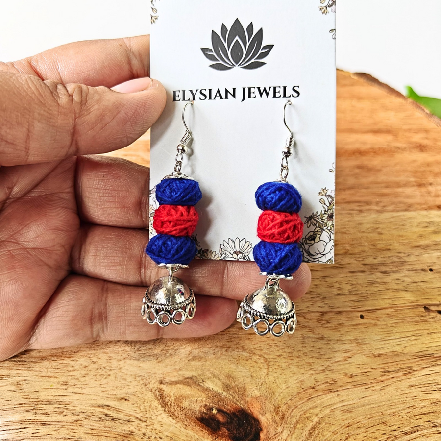 Red And Blue Cotton Beads With German Silver Oxidized Necklace