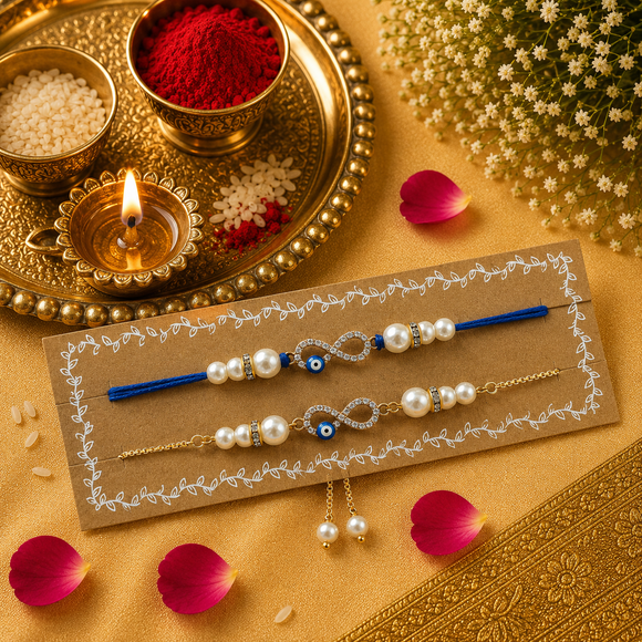 Blue Thread, Pearl With A D Infinity Evileye Pendant Bhaiya Bhabhi Rakhi