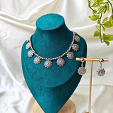 Silver Beads With 9 Flower Charms Oxidized Necklace