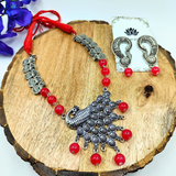 Red Beads With Oxidized Peacock Pendant Necklace