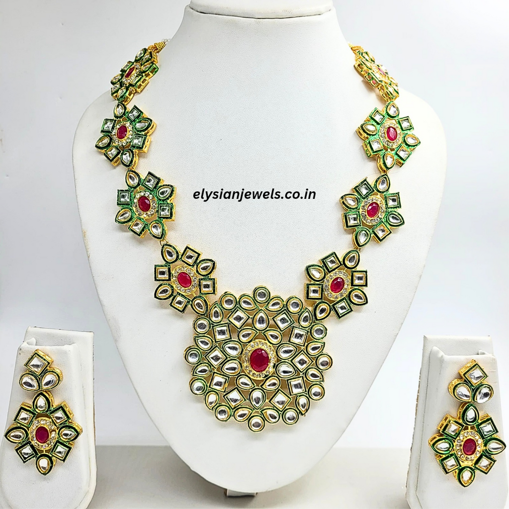 Rani Pink Stone With Green Kundan Necklace